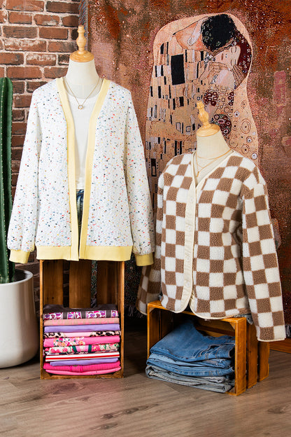 White Abstract Confetti Pattern Color Block Ribbed Cuffs Casual Cardigan