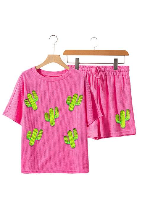 Rose Red Western Cactus Patched Textured Two Piece Shorts Set