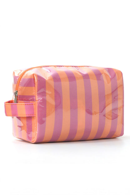 Rose Red PVC Striped Cosmetic Bag Durable Zipper Handle Travel Organizer
