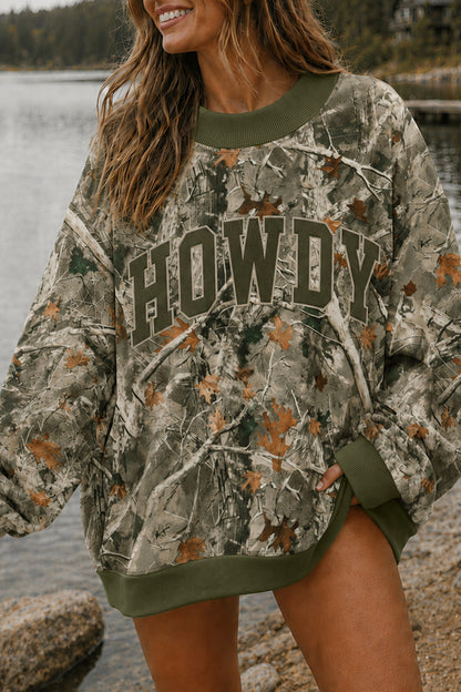 Green Western Camo/Mallard Letter Print Baggy Pullover Sweatshirt