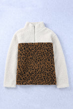 Plus Size Leopard Colorblock Zipped Sherpa Pullover