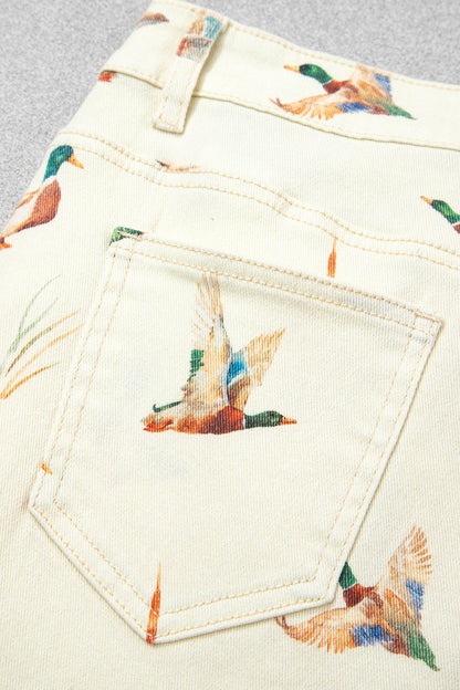 Beige Stylish Mallard Printed Cuffed Hem Shift Jeans