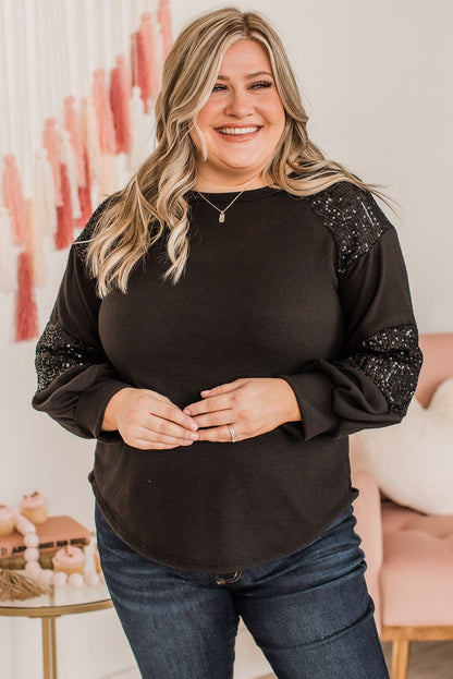 Haut ras du cou à manches longues et paillettes noir grande taille 