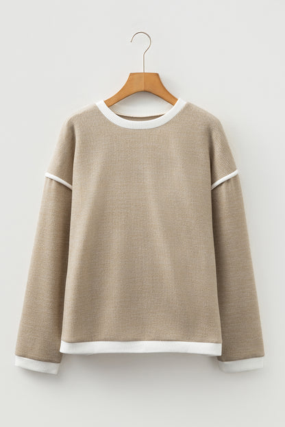 Four Leaf Clover Contrast Color Trim Knit Drop Shoulder Loose Top