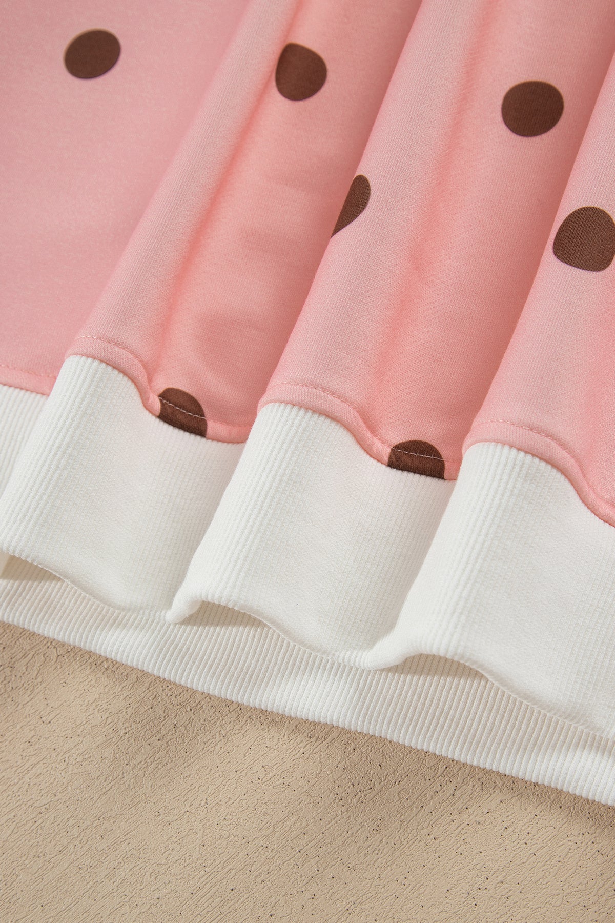 Pink Polka Dot Ribbed Trim Long Sleeve Top Casual Short Set