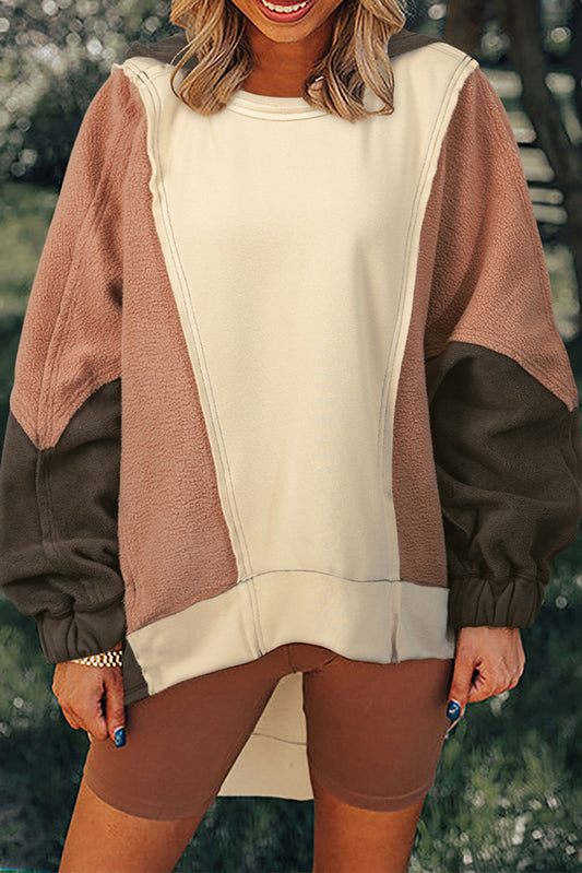 Sweat à capuche beige oversize à blocs de couleurs et patchwork