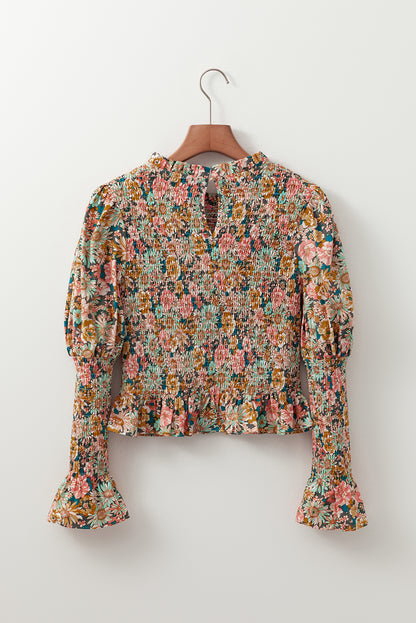 Haut court à volants et manches bouffantes à imprimé floral jaune