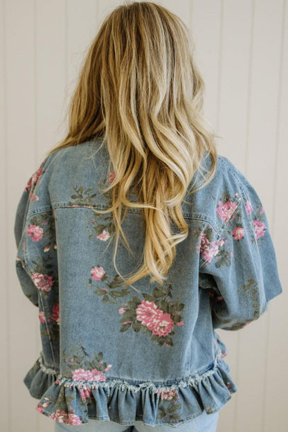 Sky Blue Floral Print Raw Seam Ruffle Hem Denim Jacket