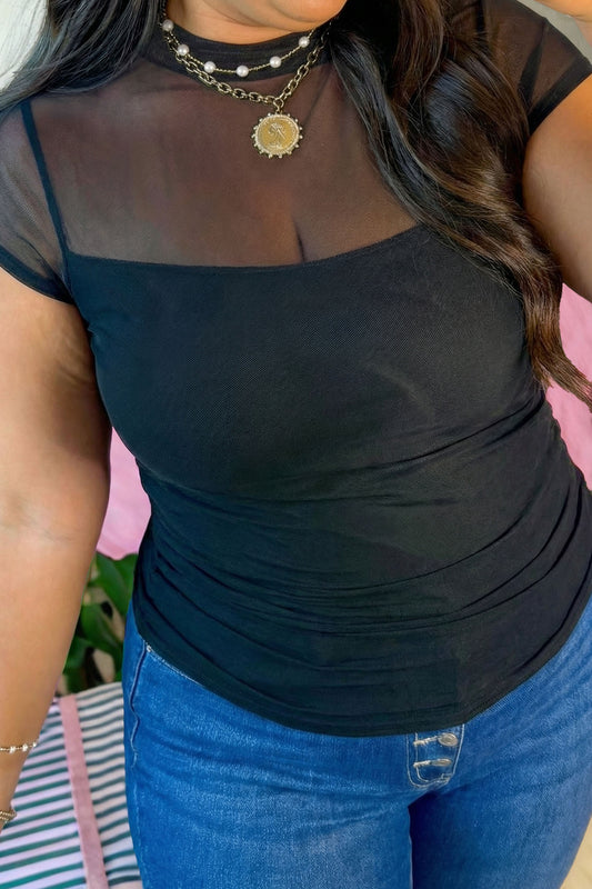 Black Plus Size Sheer Mesh Panel Short Sleeve Top