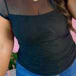 Black Plus Size Sheer Mesh Panel Short Sleeve Top