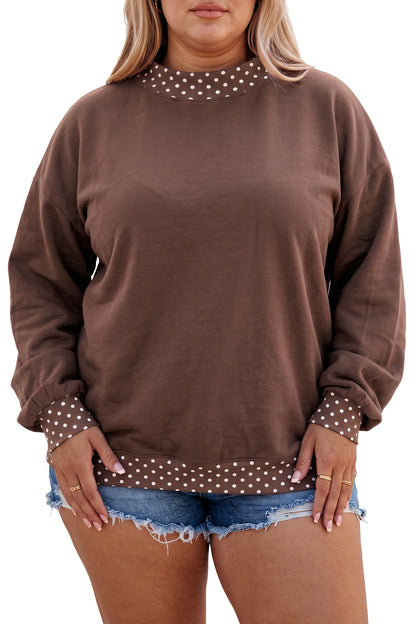 Brown Polka Dot Patchwork Round Neck Plus Size Sweatshirt