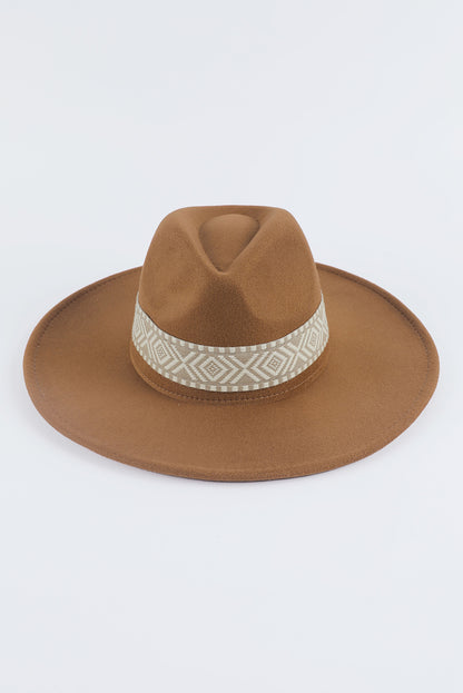 Sombrero Fedora plano retro con bordado azteca marrón