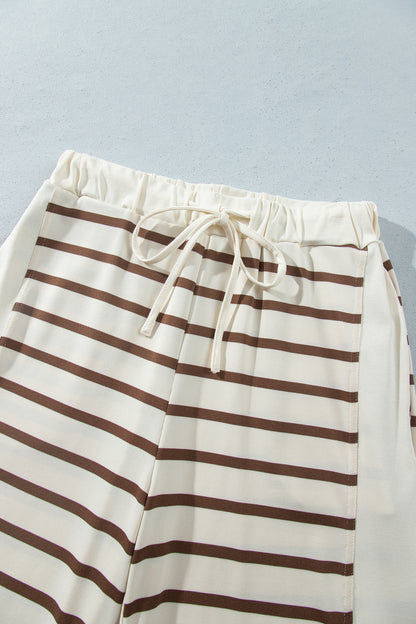 Khaki Stripe Relaxed Long Sleeve Top Color Block Detail Drawstring Pant Set