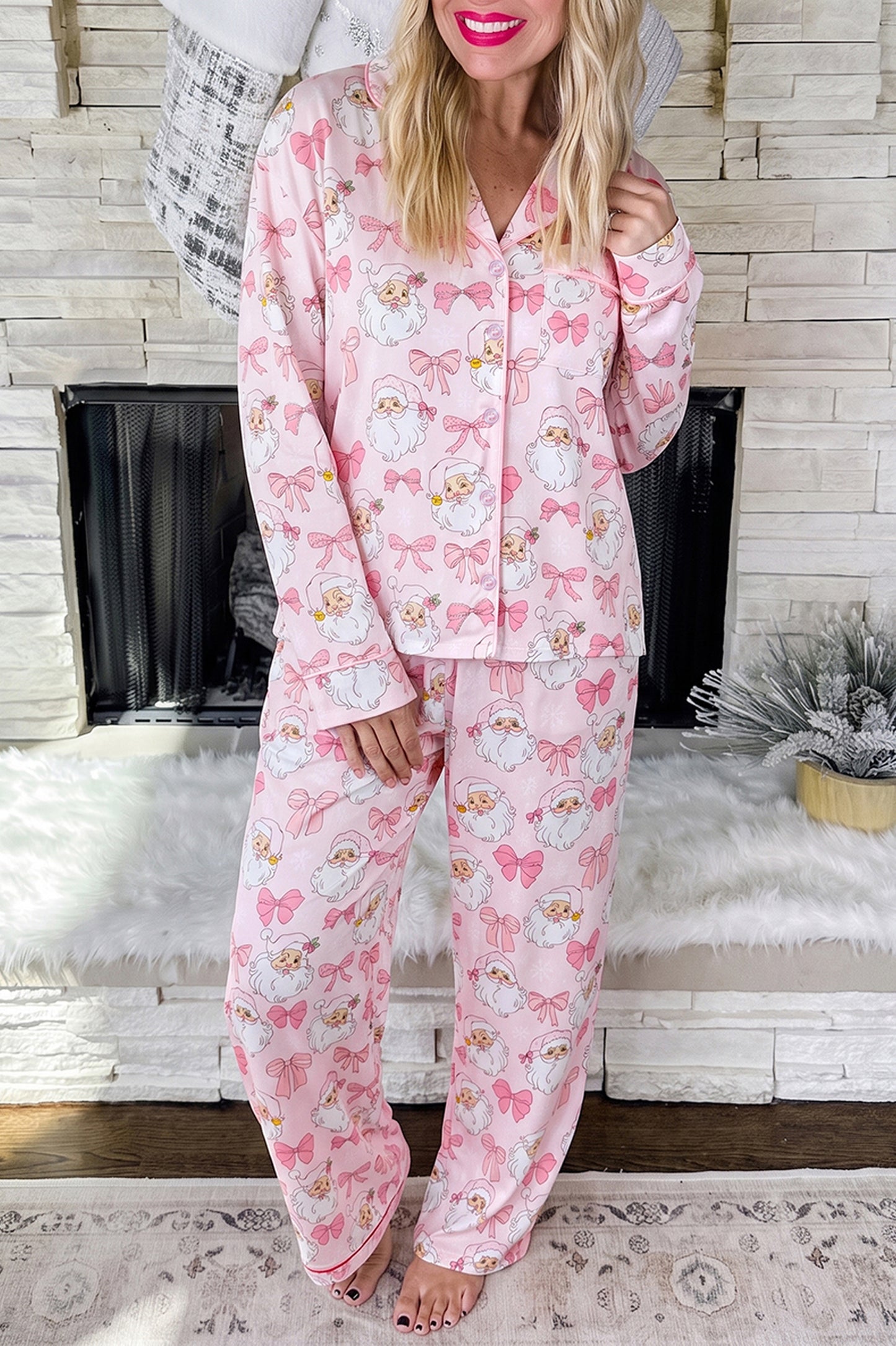 Pink Abstract Santa Print Long Sleeve Full-Length 2Pcs Lounge Set