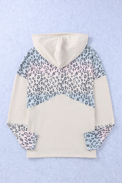 Leopard Patchwork Buttons Hooded Sweatshirt with Pocket