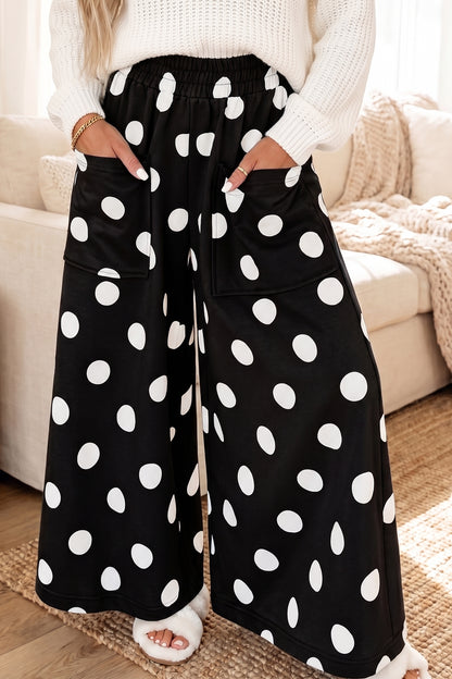 Black Polka Dot Wide Leg Elastic Waist Casual Pants