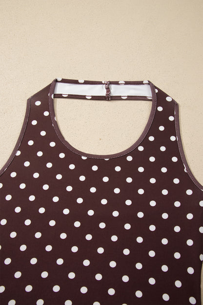 Brown Polka Dot Halter Tank Drawstring Elastic Waist Short Set