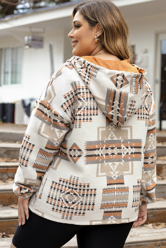 Sudadera con capucha de talla grande con bolsillos canguro y estampado azteca beige