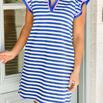 Dark Blue Stripe Print Contrast Collar Split Neck Flutter Sleeve Short Dress