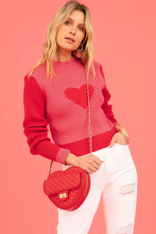Fiery Red Mock Neck Colorblock Valentine Heart Ribbed Sweater