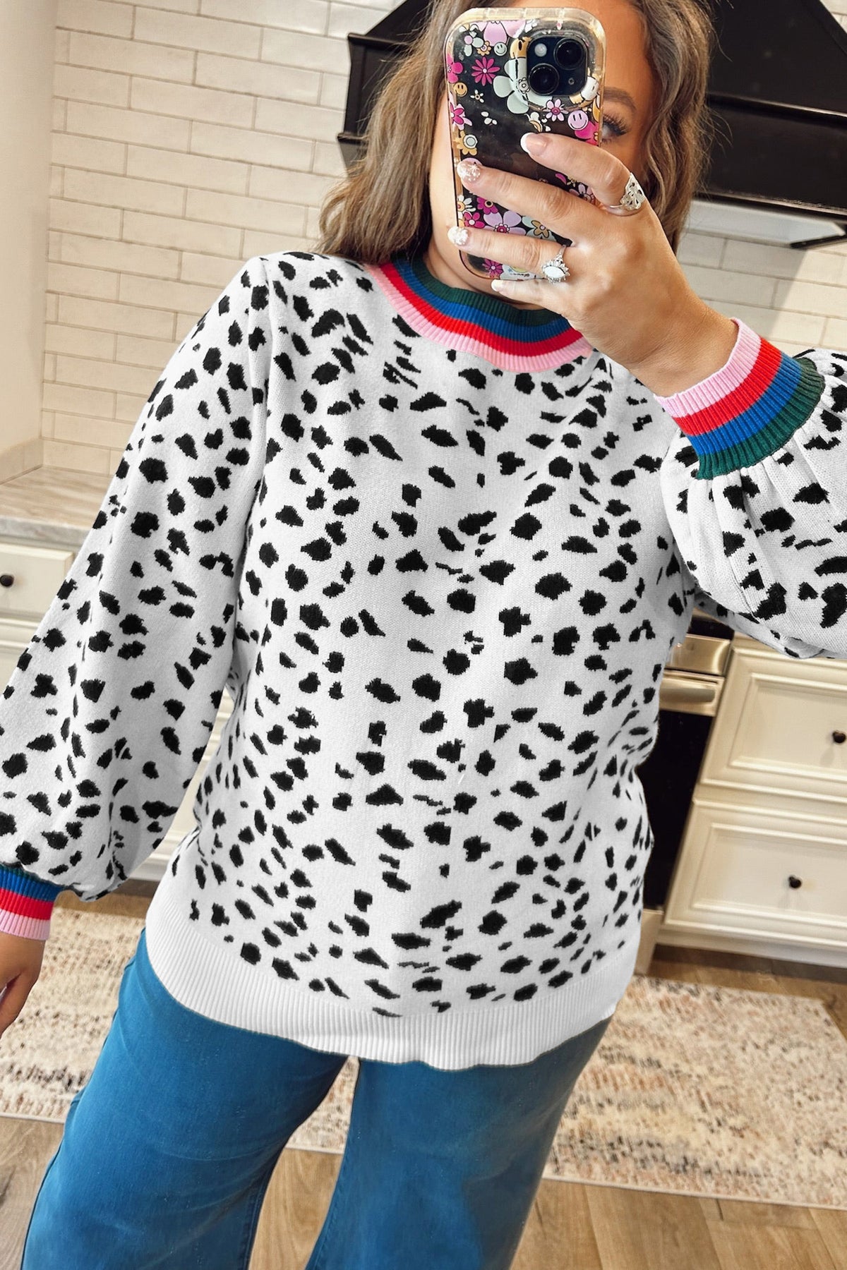 White Leopard Print Colorblock Round Neck Long Sleeve Tunic Plus Size Sweater