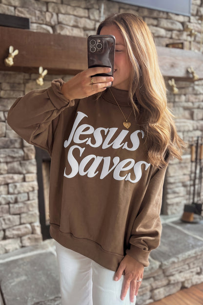 Dark Brown Jesus Saves Slogan Print Stand Neck Baggy Sweatshirt