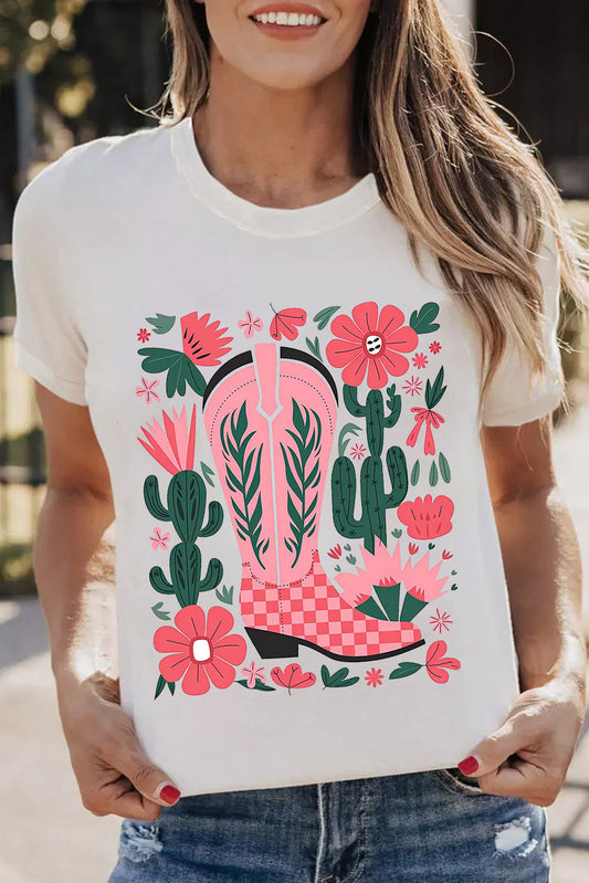 White Western Boots Flower Print Round Neck T Shirt