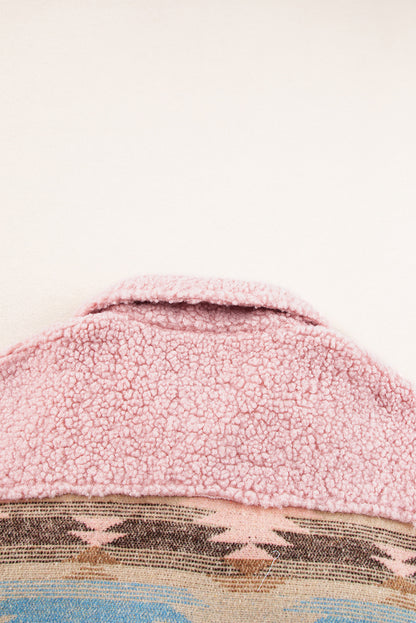 Manteau rose à imprimé aztèque occidental en sherpa avec poches à rabat boutonnées