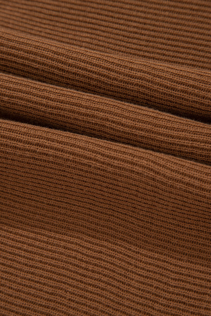 Camel Ribbed Knit Drop Sleeve V Neck Loose Fit Sweater