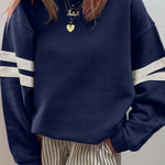 Navy Blue Varsity Striped Detail Drop Shoulder Oversized Sweatshirt