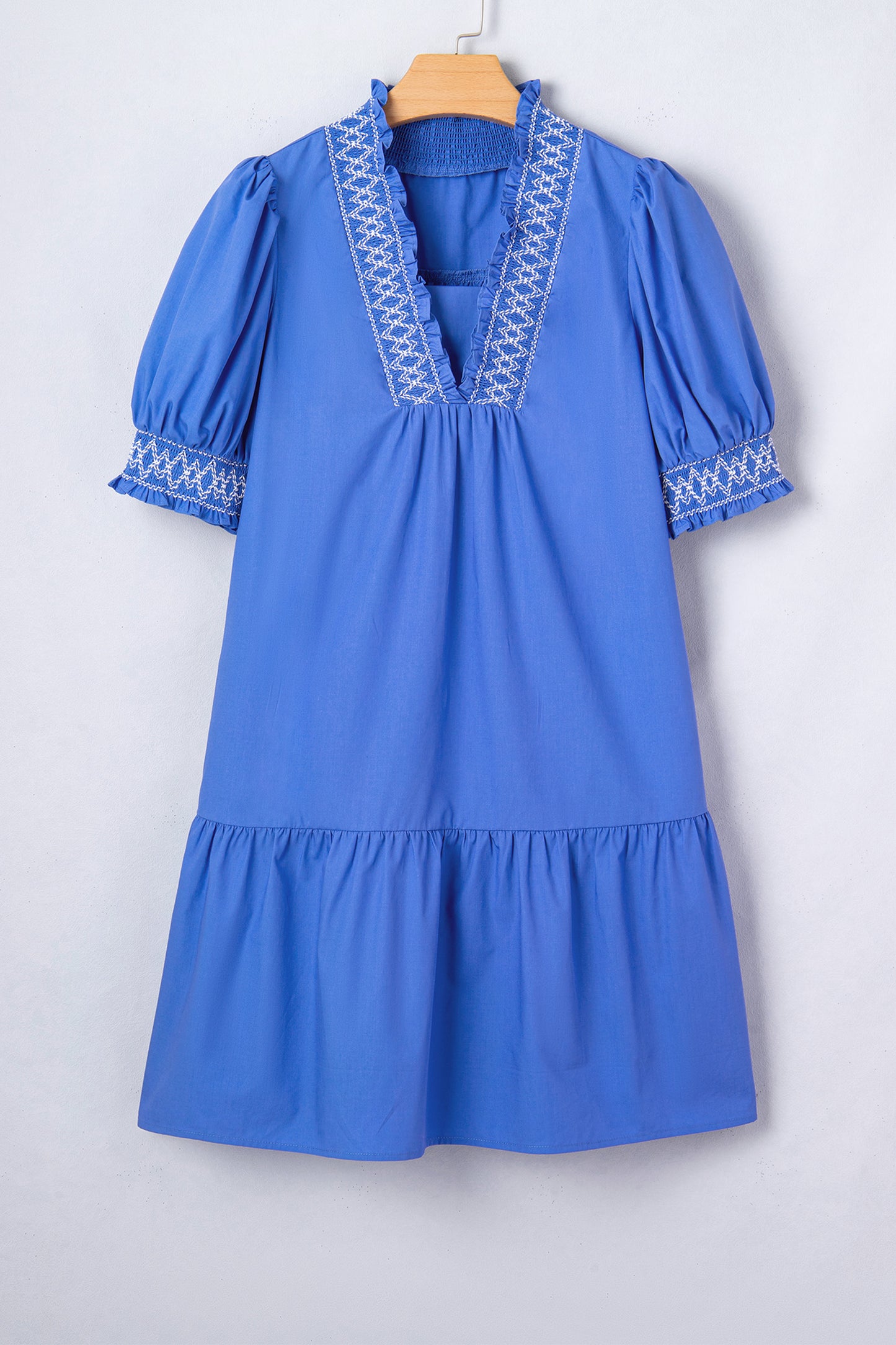 Sky Blue Embroidered Smocked Detail V Neck Short Puff Sleeve Mini Dress