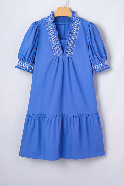 Sky Blue Embroidered Smocked Detail V Neck Short Puff Sleeve Mini Dress