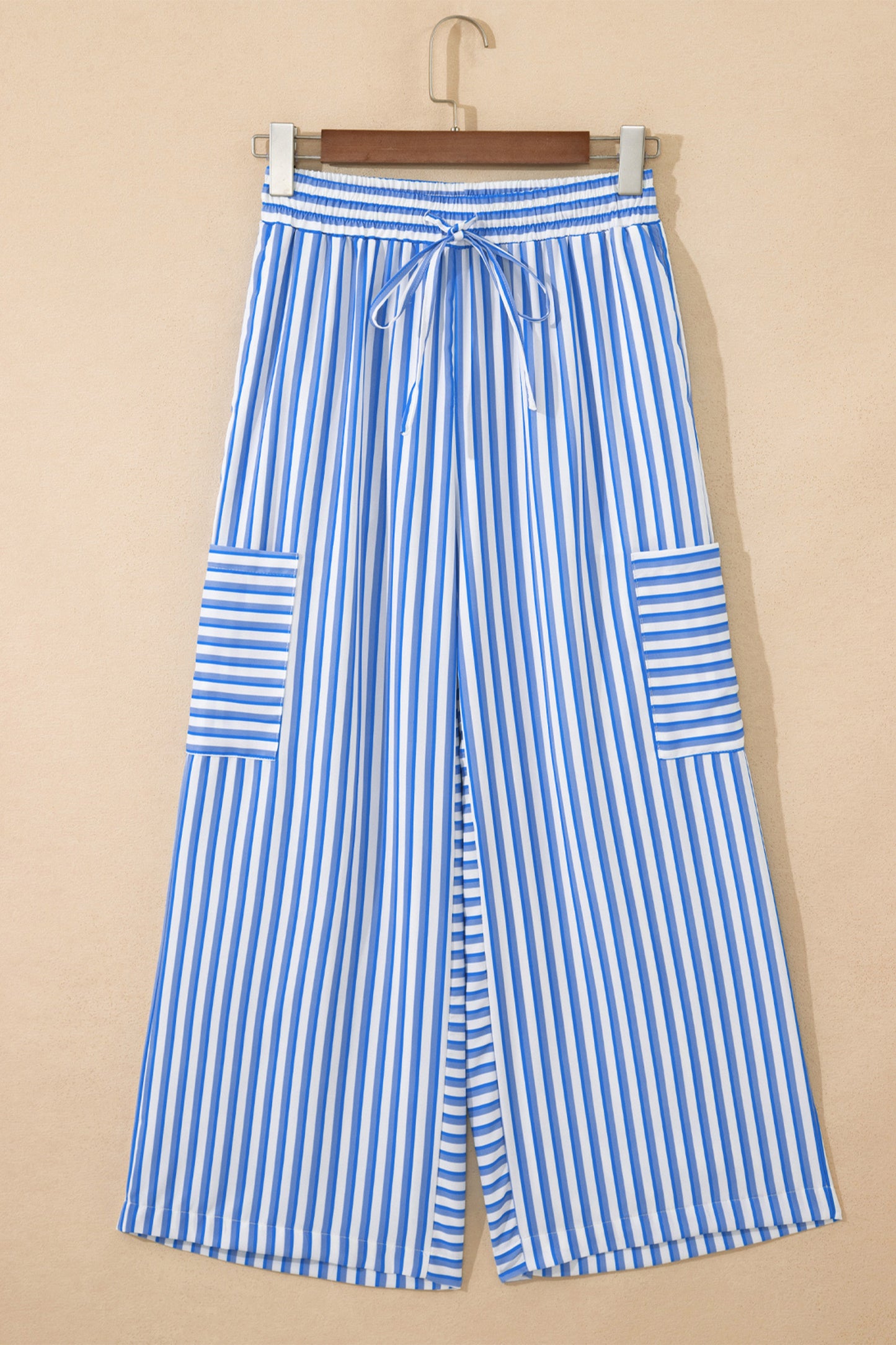Sky Blue Stripe Drawstring Elastic Waist Patch Pocket Wide Leg Ankle-length Pants