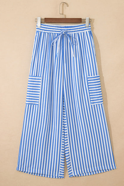 Sky Blue Stripe Drawstring Elastic Waist Patch Pocket Wide Leg Ankle-length Pants