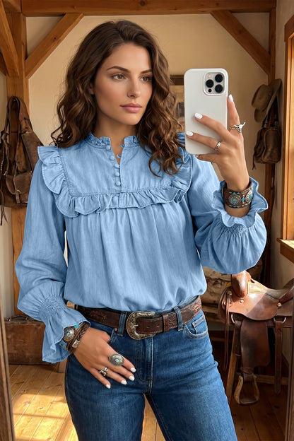 Beau Blue Western Ruffle V Neck Long Sleeve Chambray Blouse
