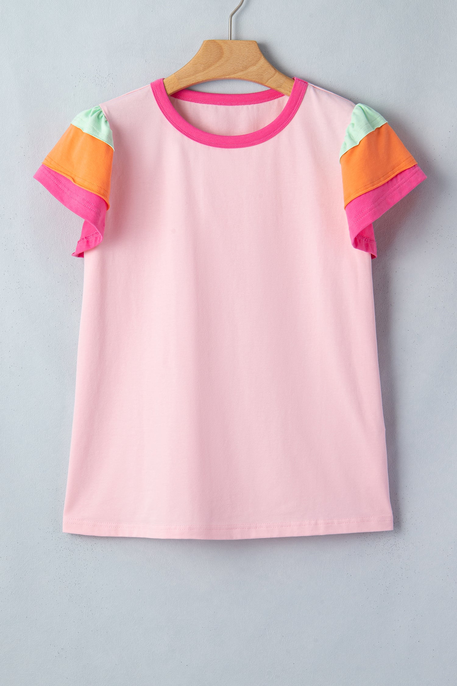Pink Colorblock Flutter Sleeve Round Neck T Shirt