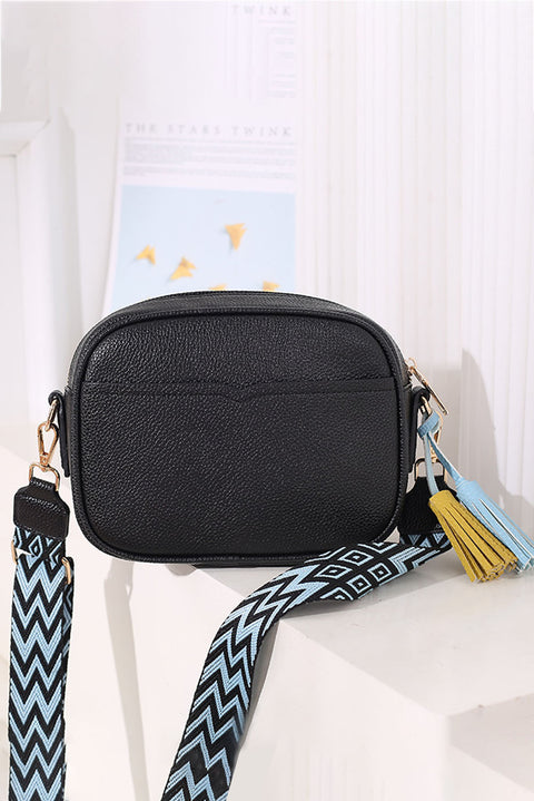 Black Geometric Print Strap Tassel Shoulder Bag 20*6*16cm