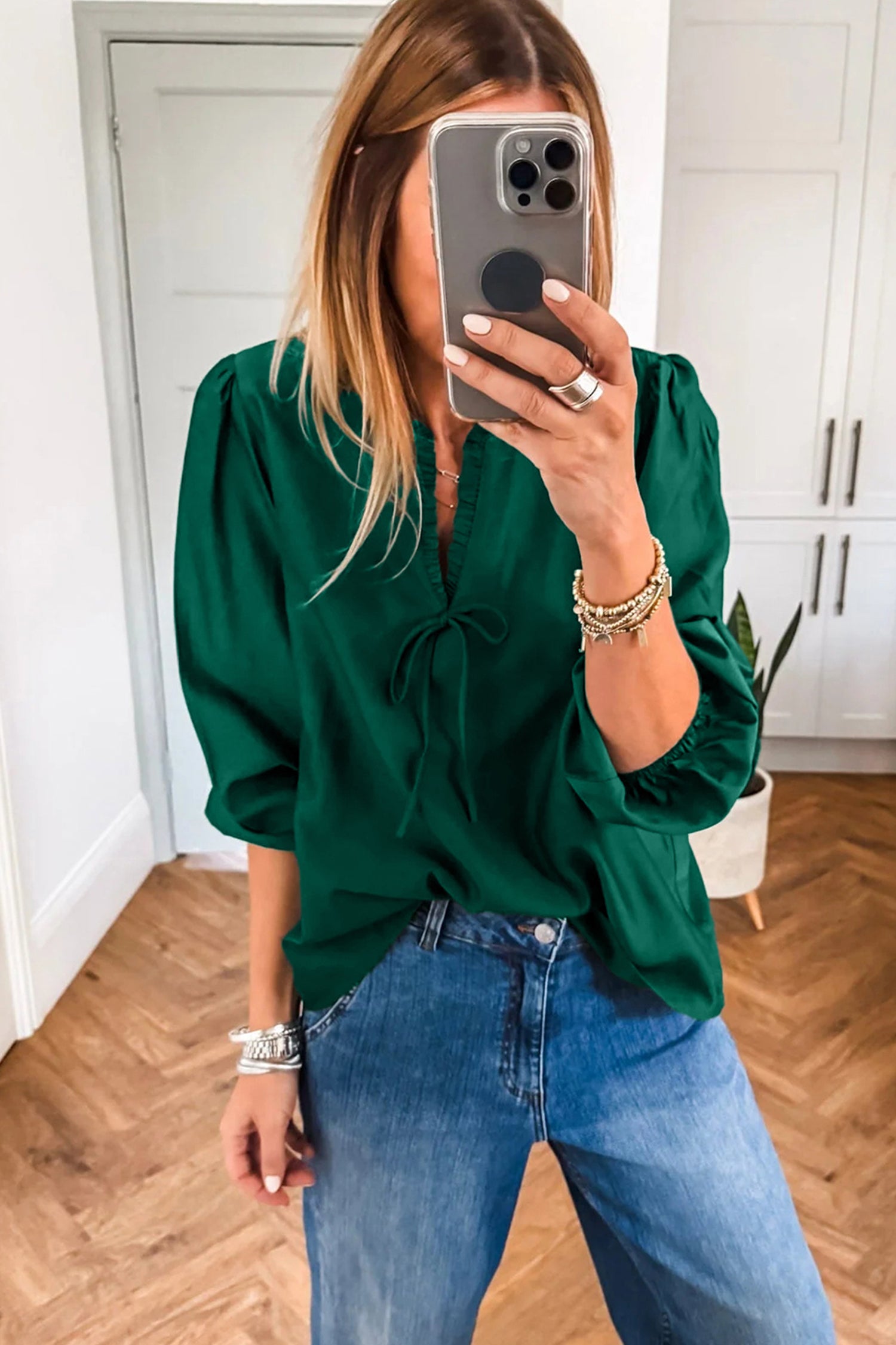Blackish Green Solid Color Frilled V Neck Bow Detail 3/4 Sleeve Blouse