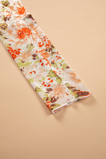Multicolour Floral Print Mesh Thumbhole Long Sleeve Slim Top