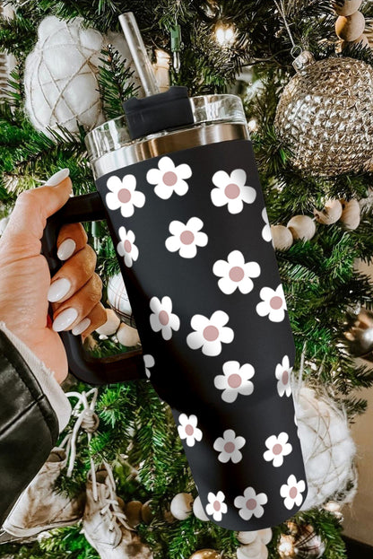 Vaso inoxidable con tapa y pajita con estampado de flores de pergamino 