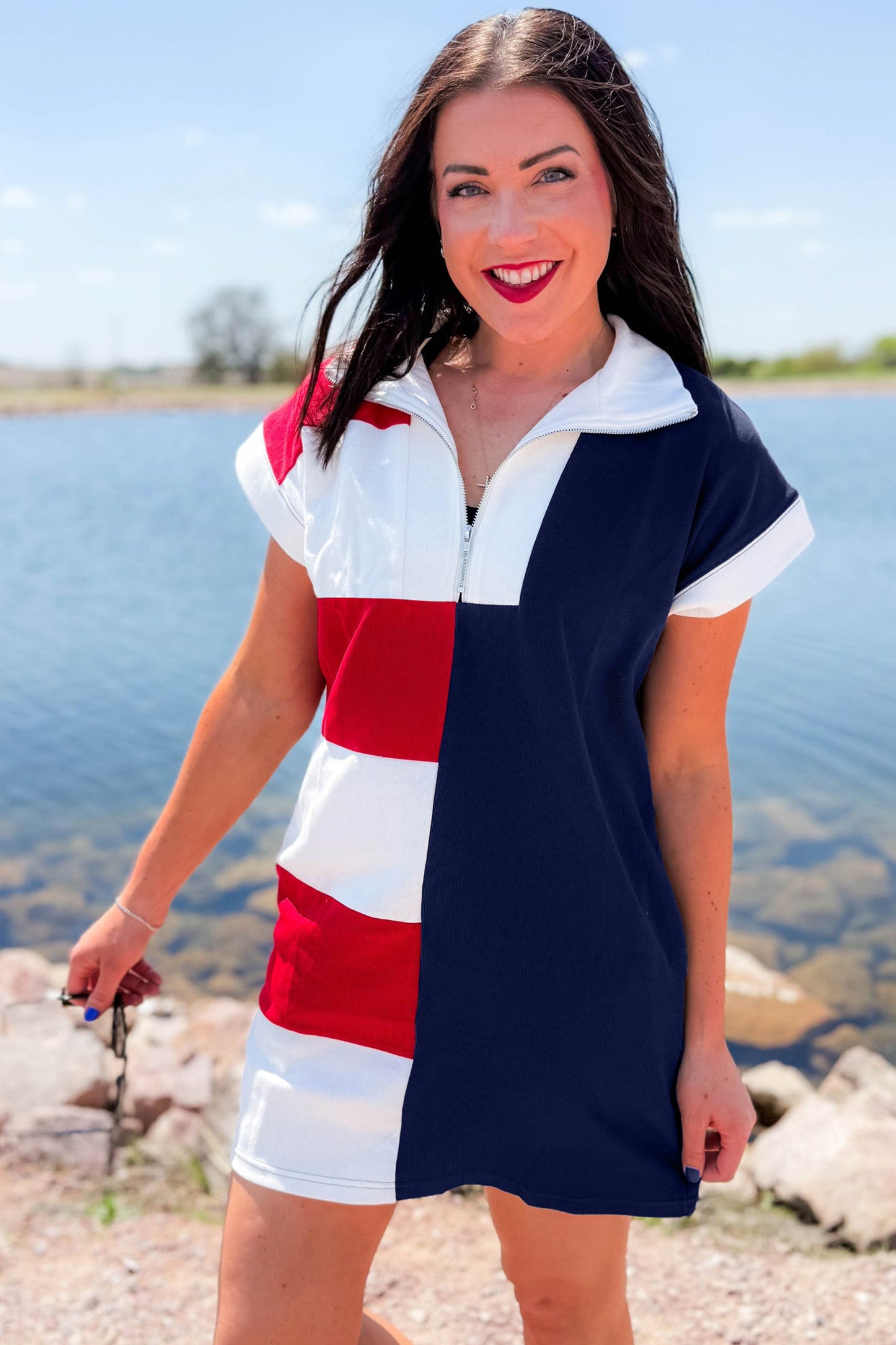 Navy Blue Americana Colorblock Stripes Zip up Collared T Shirt Mini Dress