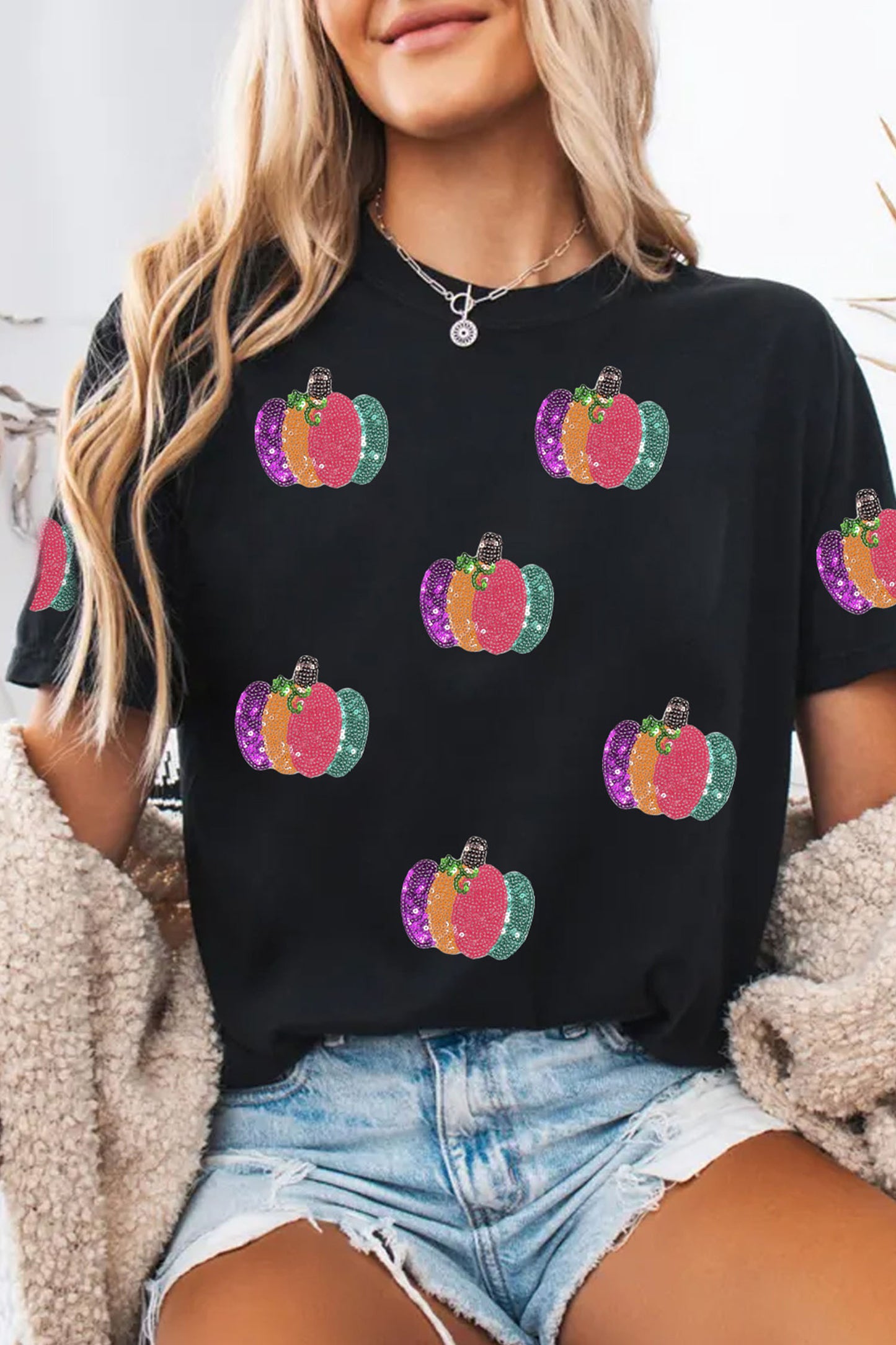 Black Sequined Pumpkin Graphic Round Neck Casual T Shirt