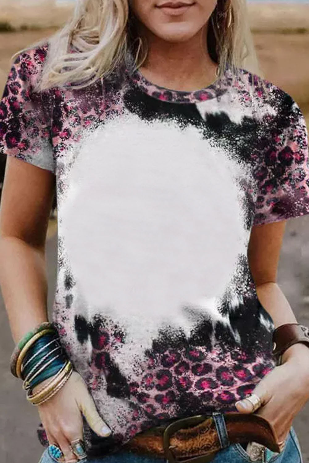Blank Apparel - Pink Leopard Dyed Print Bleached Blank Tee