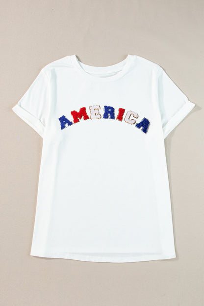 T-shirt blanc brodé en chenille AMERICA grande taille