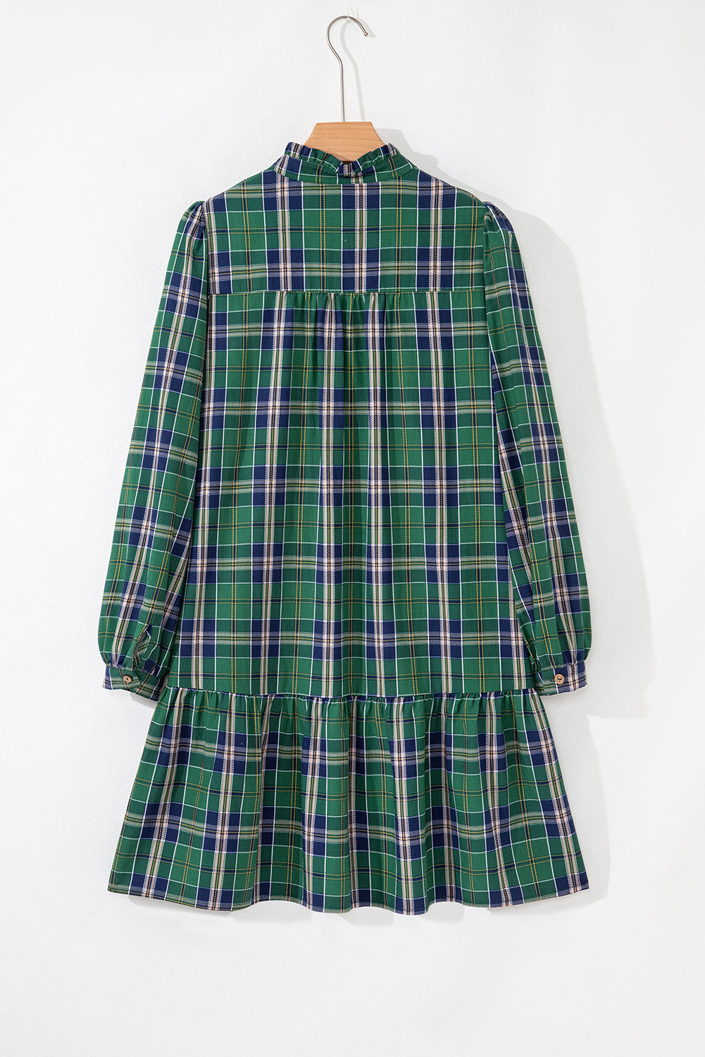 Green Plaid Print Frilly Collar Long Sleeve Shift Mini Dress