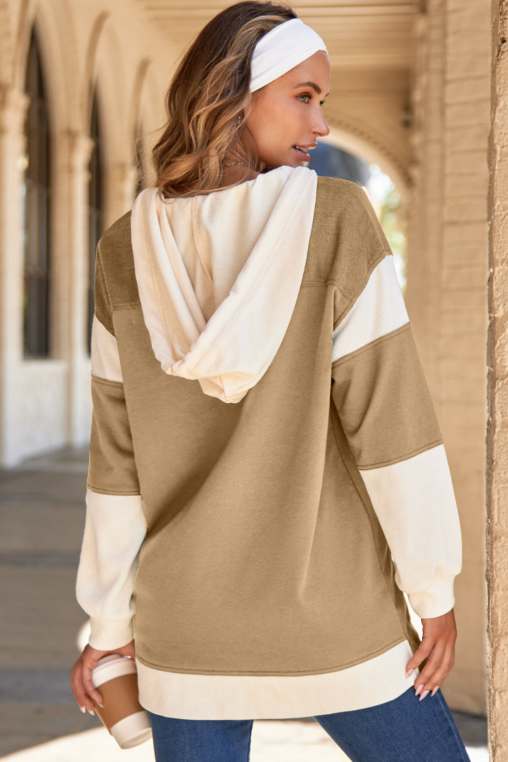 Light French Beige Waffle Contrast Knit Color Block Patchwork Button Front Oversize Hoodie