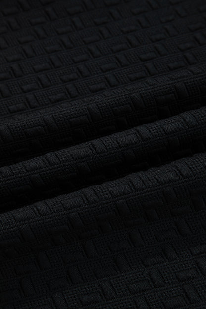 Black Stylish Textured Striped Patchwork Polo Collar Pullover Sweatshirt