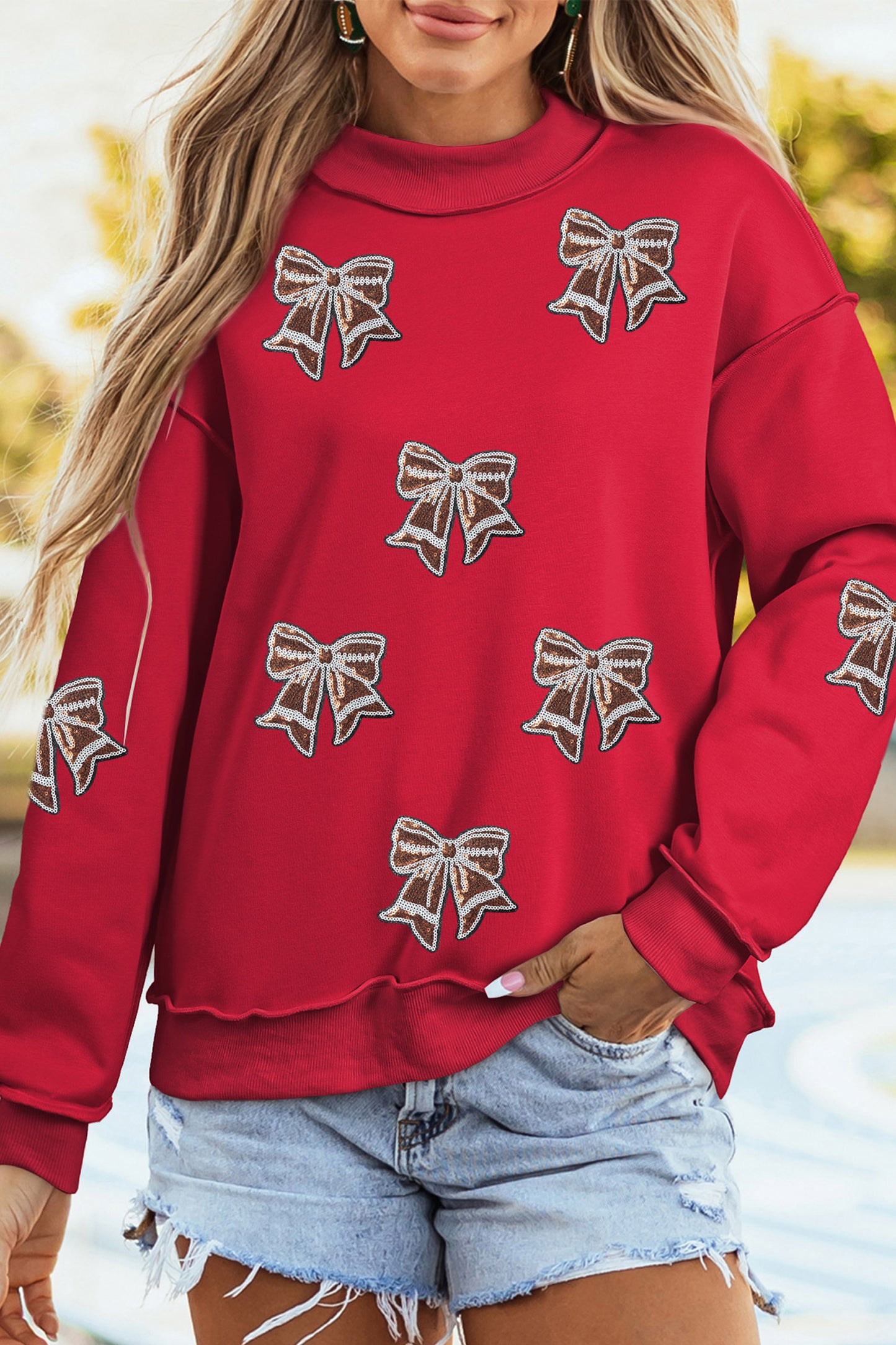 Racing Red Sequin Bowknot Mock Neck Game Day Casual Sweatshirt