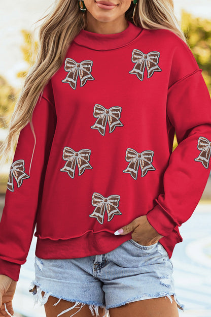 Racing Red Sequin Bowknot Mock Neck Game Day Casual Sweatshirt