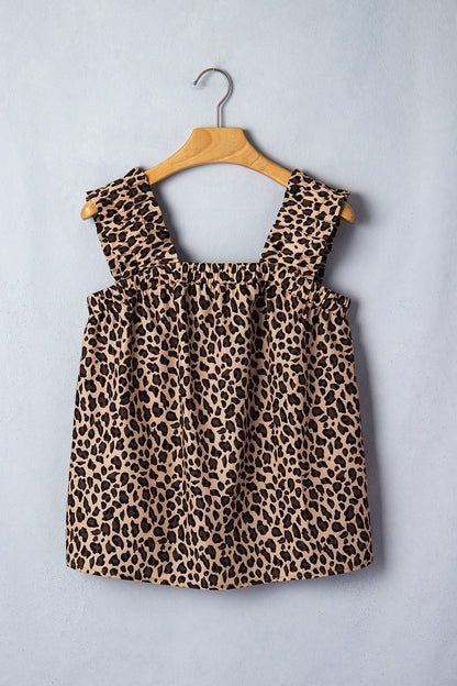 Brown Leopard Print Frilled Square Neck Tank Top
